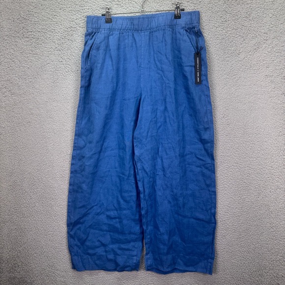 Tahari Pants - Tahari Pants Womens L Blue 100% Linen Wide Leg Cropped Beachy Resort Vacation